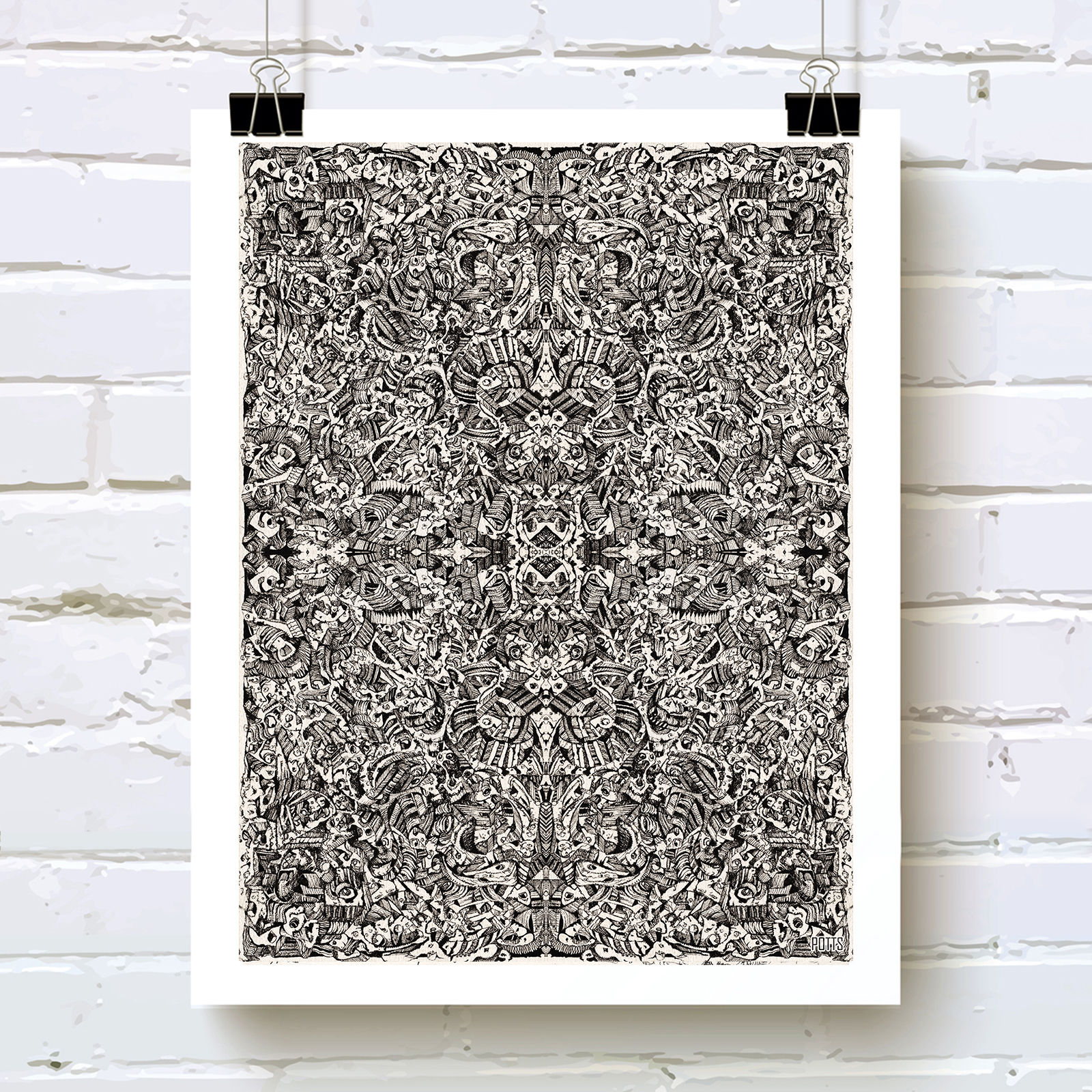 "Parallel Universe" fine art print of original black and white ink drawing by visionary artist Justin Potts; abstract art