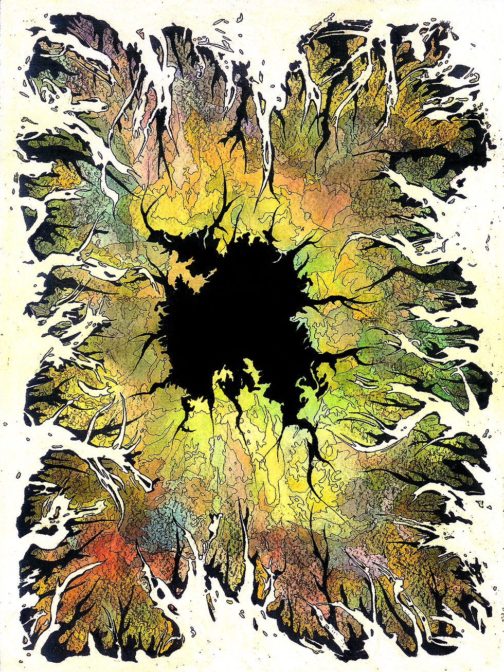 Thumbnail: Detail 2 of "Hole" art print of original ink and watercolor painting by Justin Potts; hole, cracking, symbolic art