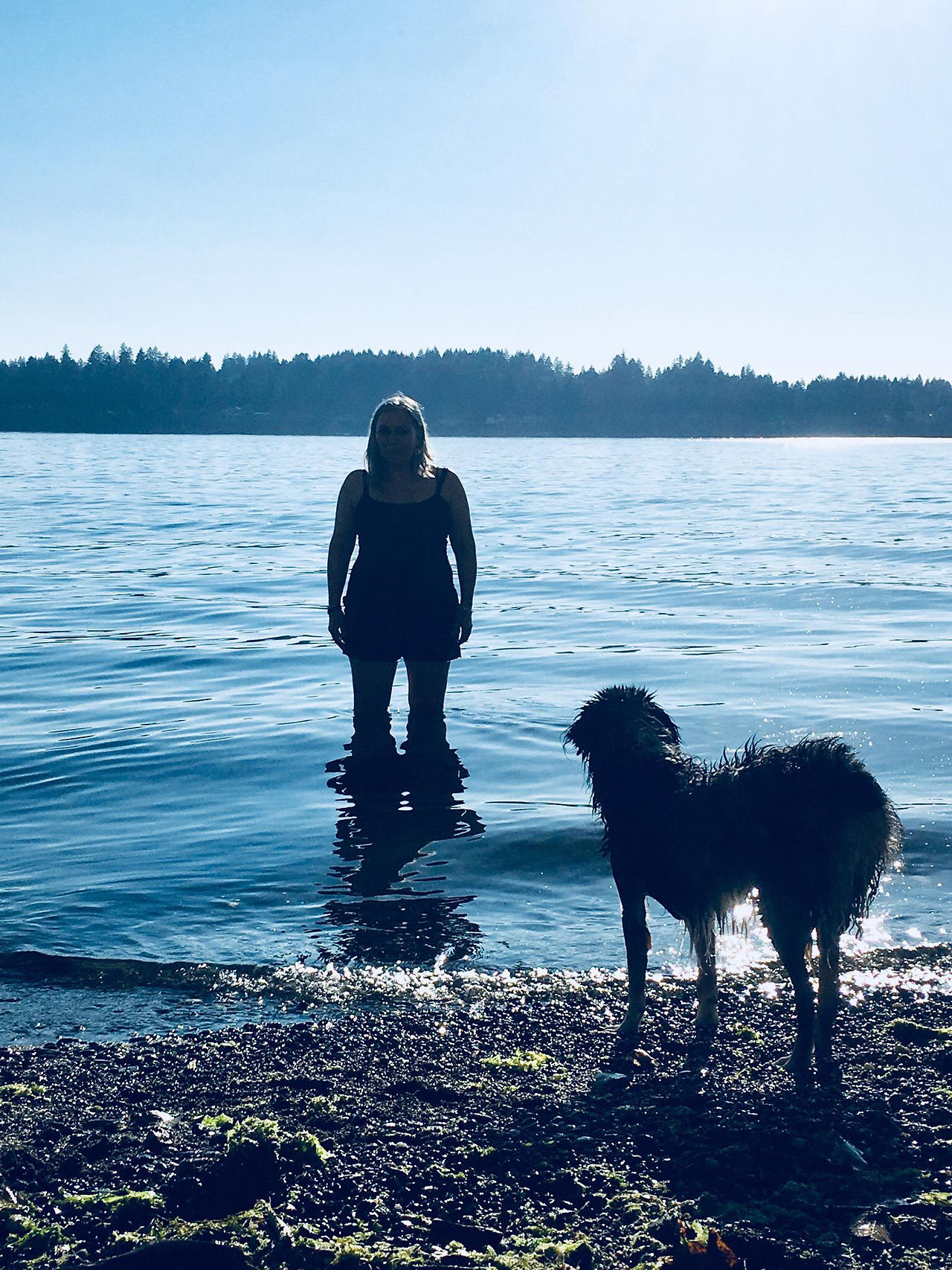 Juniper and Tara at the Salish sea where she swam for the first time.