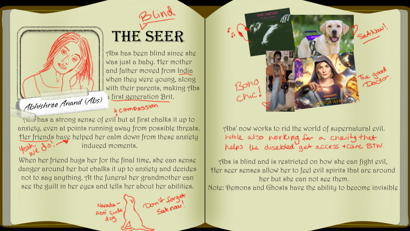 Old book type page talking about the character, with added notes.