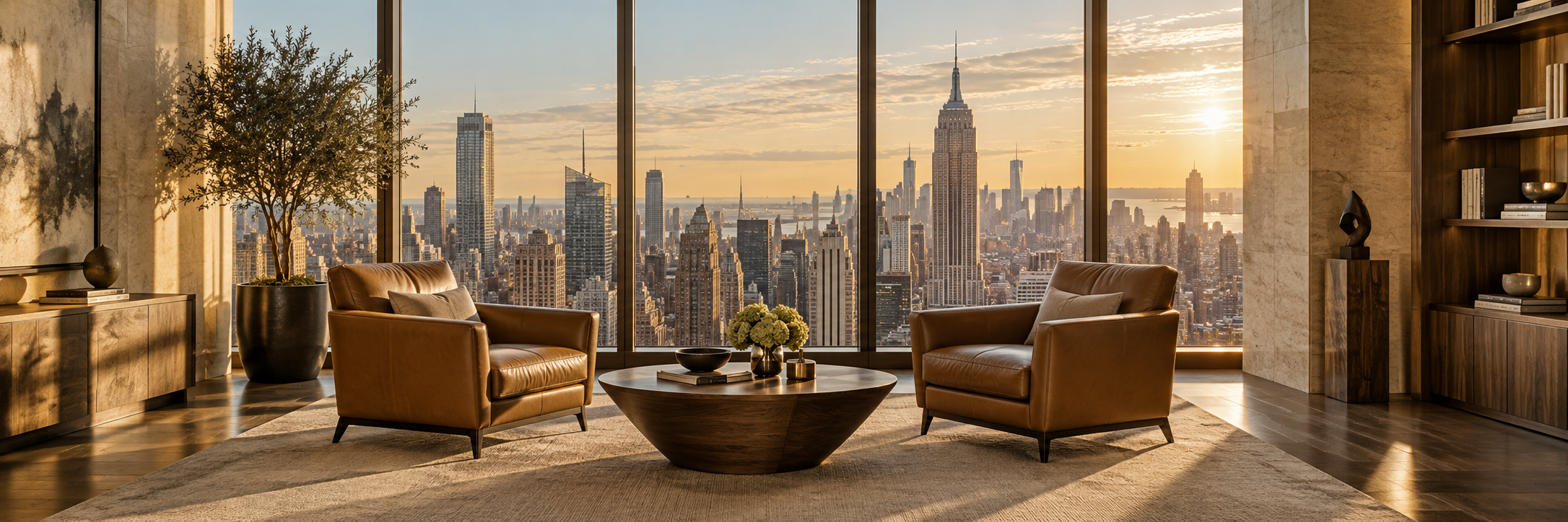 Two tan leather armchairs in a sunlit executive office overlooking Manhattan