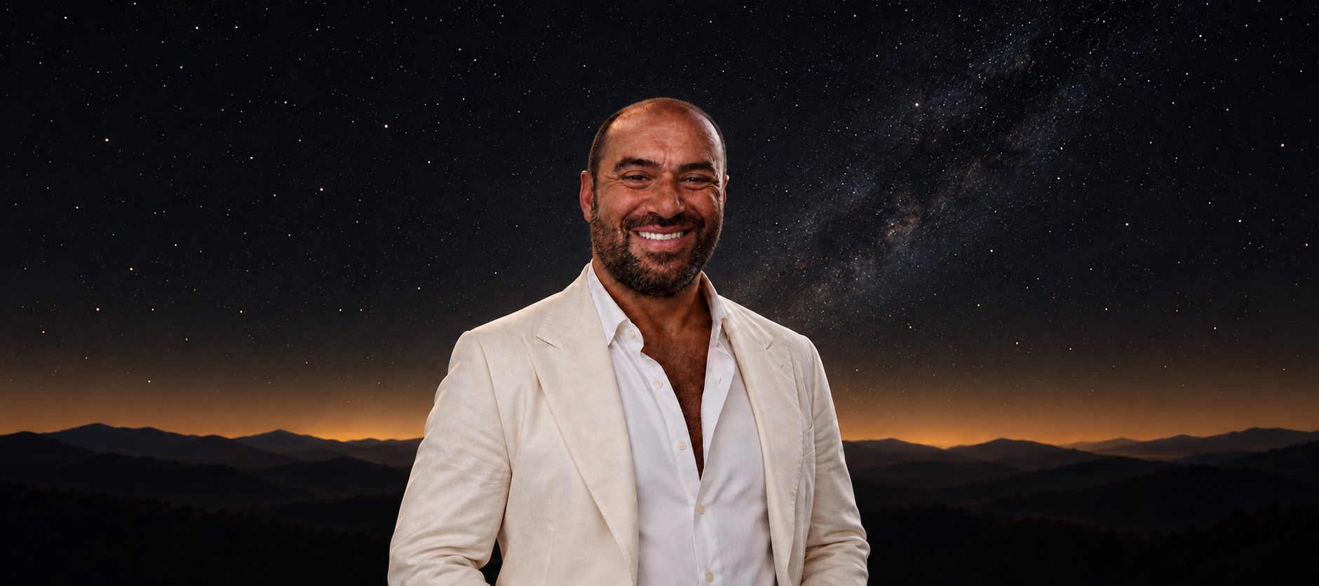 Niko-Helios in an ivory suit beneath a natural starry sky, with soft evening light