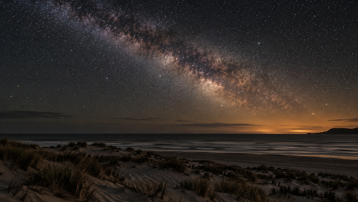 A natural star-filled sky above a quiet coastal horizon