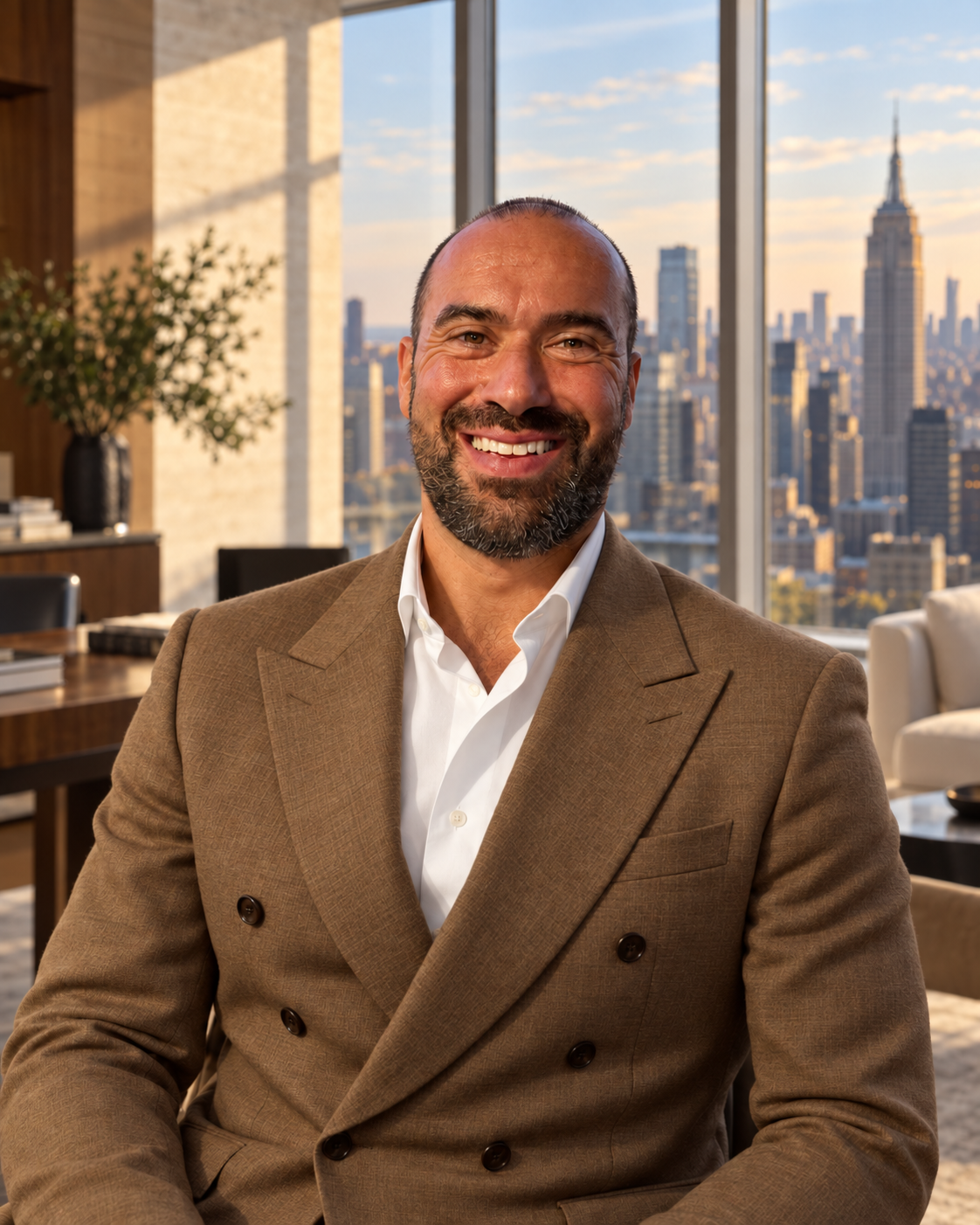 Niko in a darker tan double-breasted suit and white shirt in a New York office