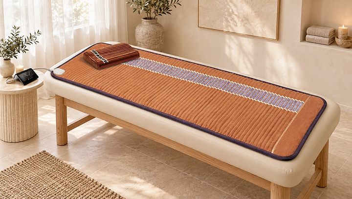 A BioMat with matching pillow on an ivory treatment bed in a softly lit room