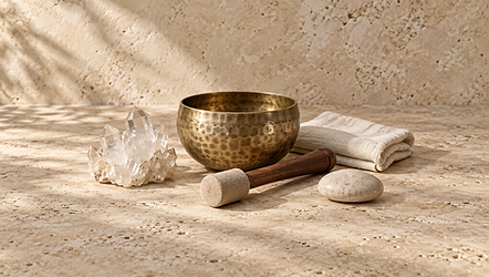 Bronze singing bowl, crystal and ivory linen on stone
