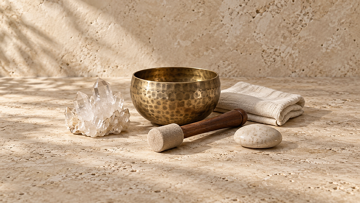 Bronze singing bowl, crystal and ivory linen on stone