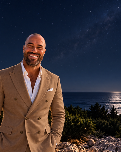Niko-Helios in a dark tan double-breasted suit beside the sea beneath a quiet night sky