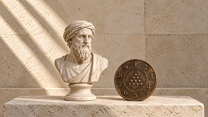 Classical marble bust inspired by Pythagoras beside bronze numerals and a tetractys