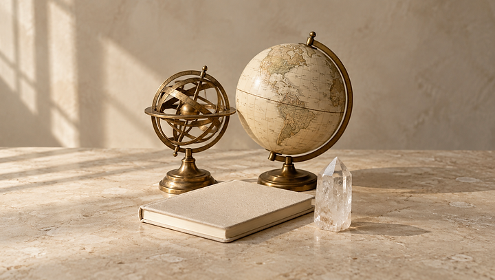 Bronze armillary sphere and ivory globe on warm limestone