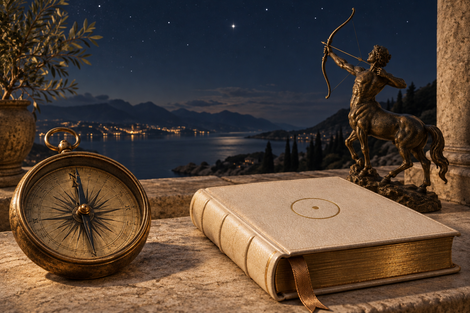 An antique brass compass, an ivory spiritual book bearing the Sun symbol, and a bronze Sagittarius centaur beneath the North Star.