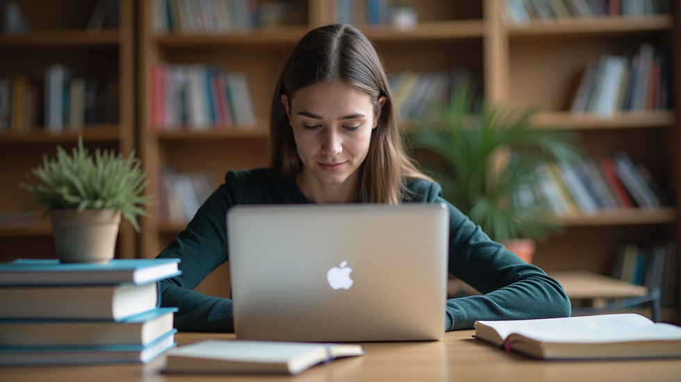 Eye-level view of a student studying with books and a laptop