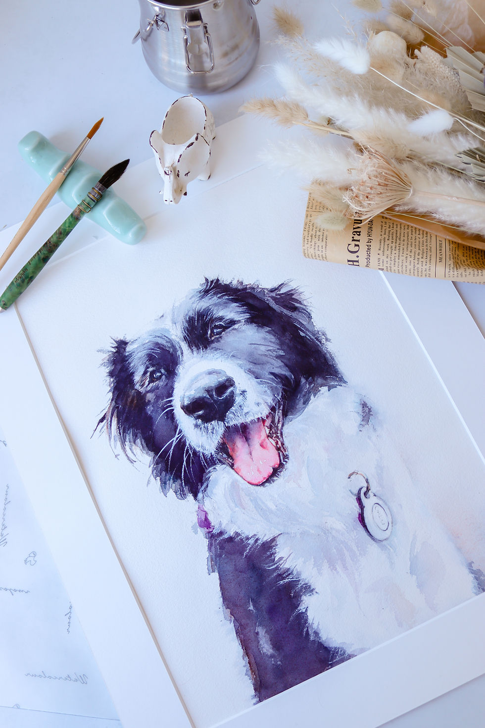 Thumbnail: Framed custom dog memorial portrait with single mat