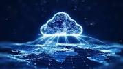 Blue glowing cloud over digital map