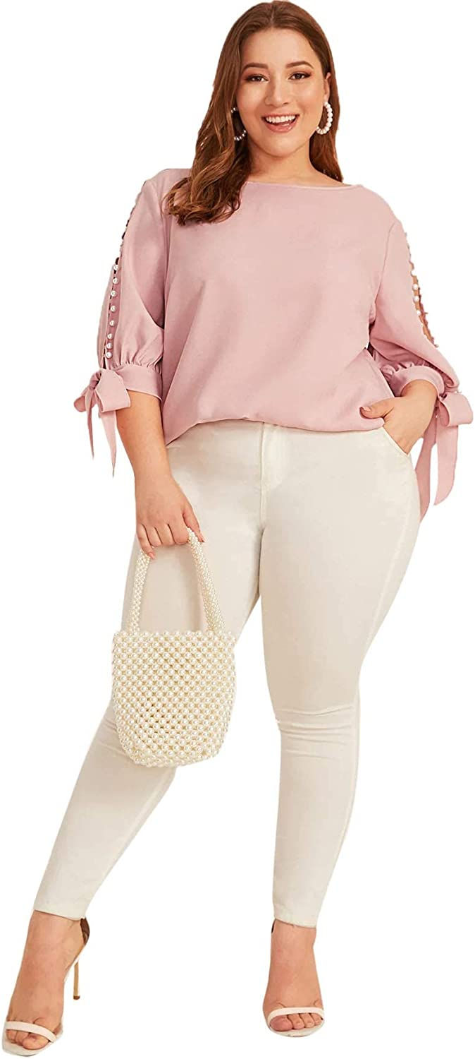 Thumbnail: Romwe Women's Plus Size 3/4 Sleeve Pearl Beaded Tie Knot Cuff Solid Blouse Tops