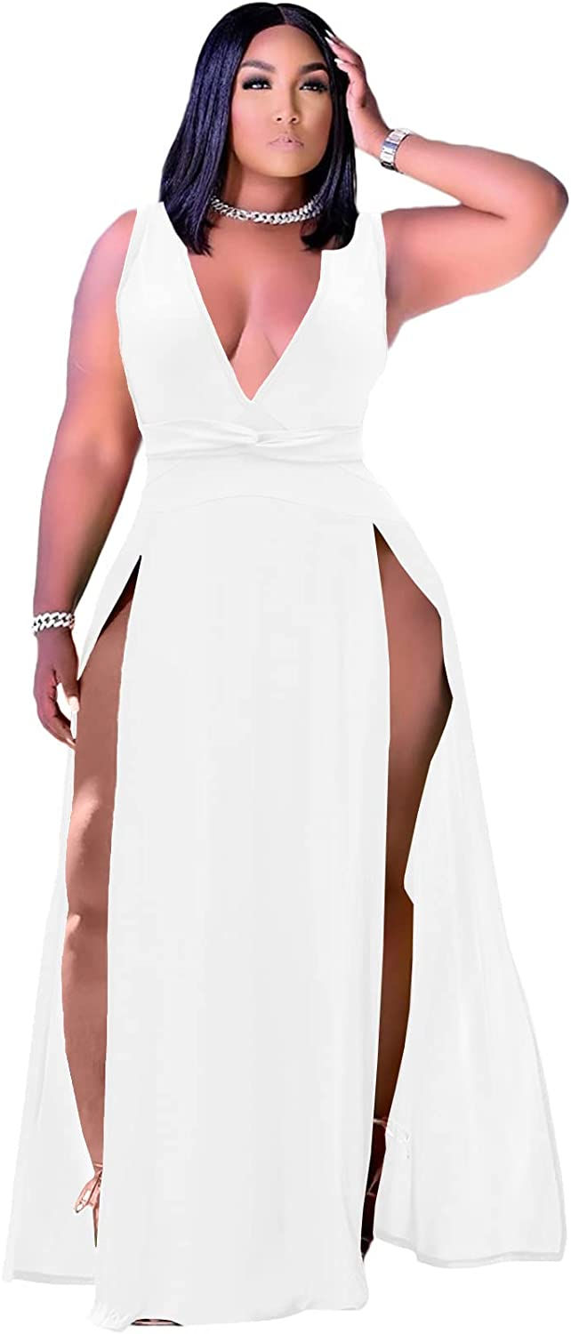 Thumbnail: Ekaliy Women's Plus Size Sleeveless Deep V Neck Front Split Long Maxi Wrap Dress