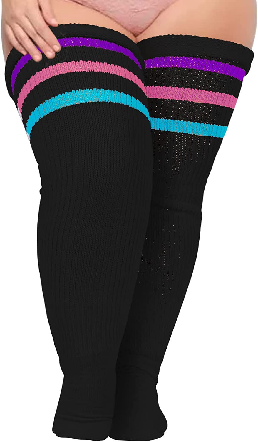 Thumbnail: Plus Size Womens Thigh High Socks for Thick Thighs- Extra Long Striped Thick Ov