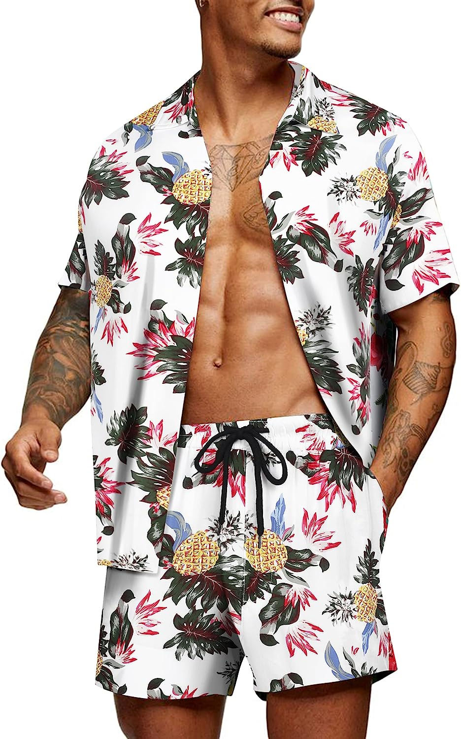 Thumbnail: COOFANDY Men's Hawaiian Matching Set Summer Beach 2 Piece Outfits Flower Shirt 