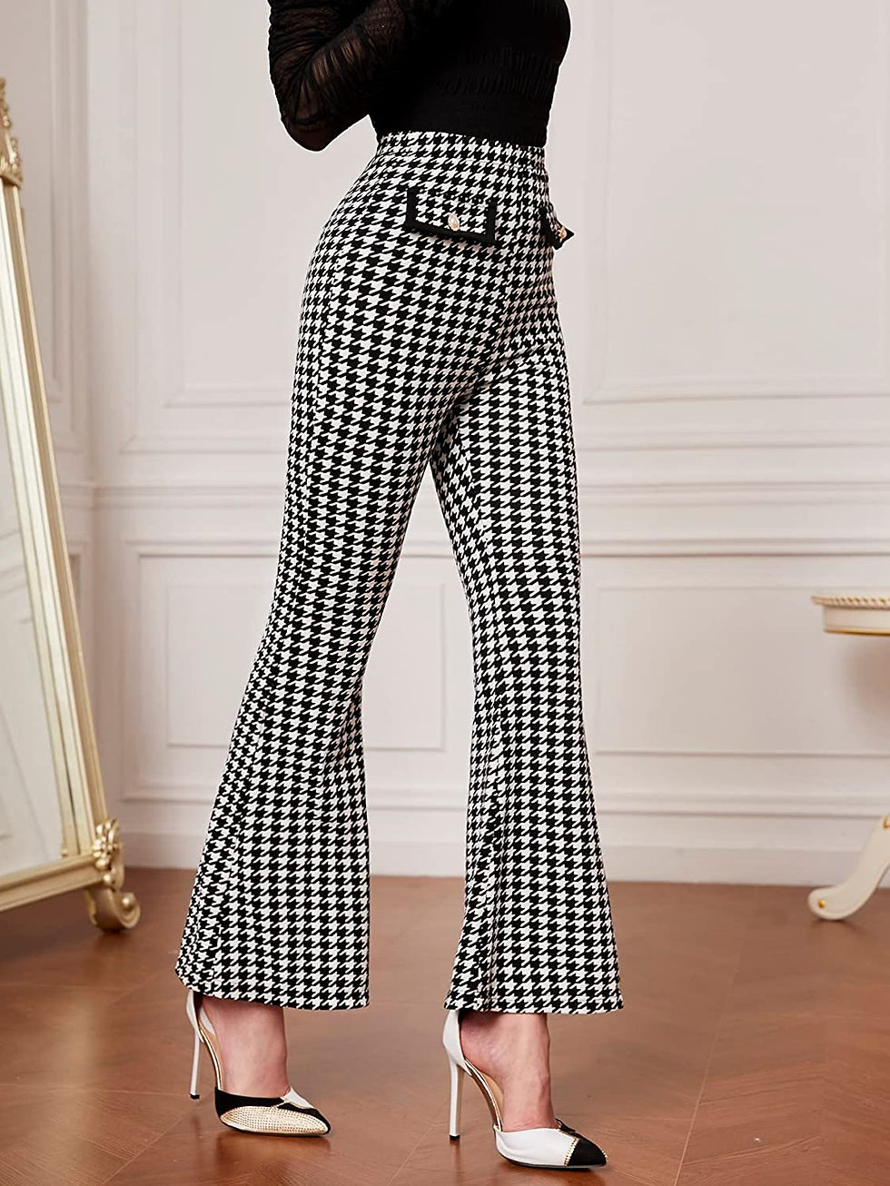 Thumbnail: WDIRARA Women's High Waisted Houndstooth Print Plaid Split Hem Bell Bottom Long