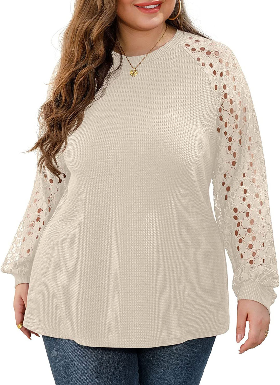 Thumbnail: OLRIK Plus Size Tops for Women Lace Sleeve Blouse Waffle Knit Long/Short Sleeve