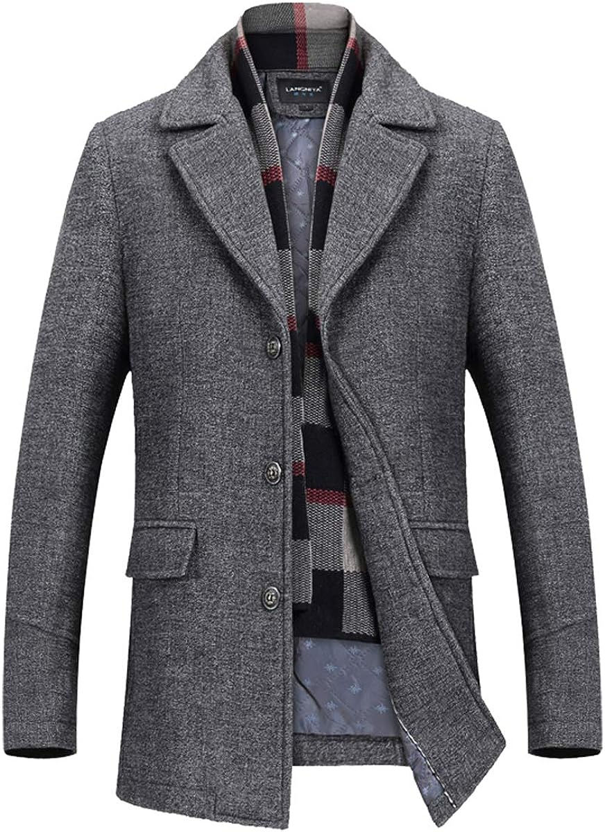 Thumbnail: INVACHI Mens Pea Coat With Detachable Scarf Single Breasted Woolen Coat