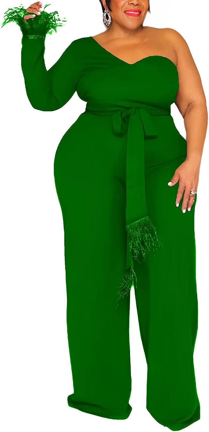 Thumbnail: IyMoo Women's Sexy Plus Size One Shoulder Asymmetrical Wide Leg Long Sleeve Coc