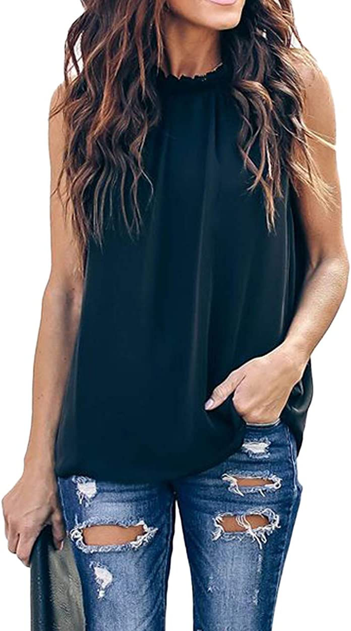 Thumbnail: Allimy Women Summer Ruffle Trim Neckline Tank Tops Double Lined Chiifon Blouses