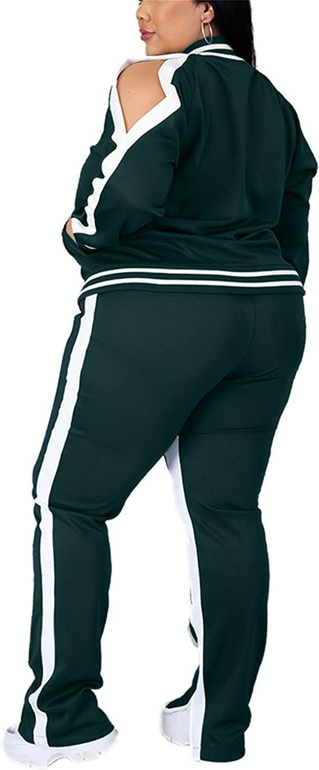 Thumbnail: FcuteL Sweatsuits for Women Cuasal Plus Size Zipper Stripe Jackets Long Pants T