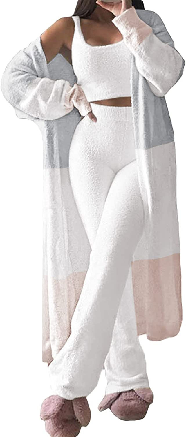 Thumbnail: Fixmatti Women's Fuzzy 3 Piece Sweatsuit Open Front Cardigan Crop Tank Tops Wid