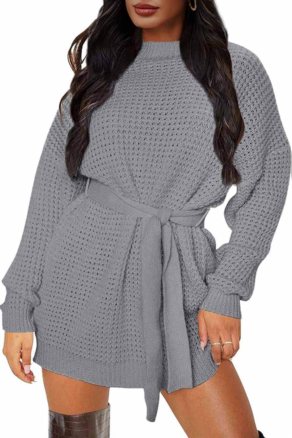 Thumbnail: ZESICA Women's Long Sleeve Solid Color Waffle Knitted Tie Waist Tunic Pullover 
