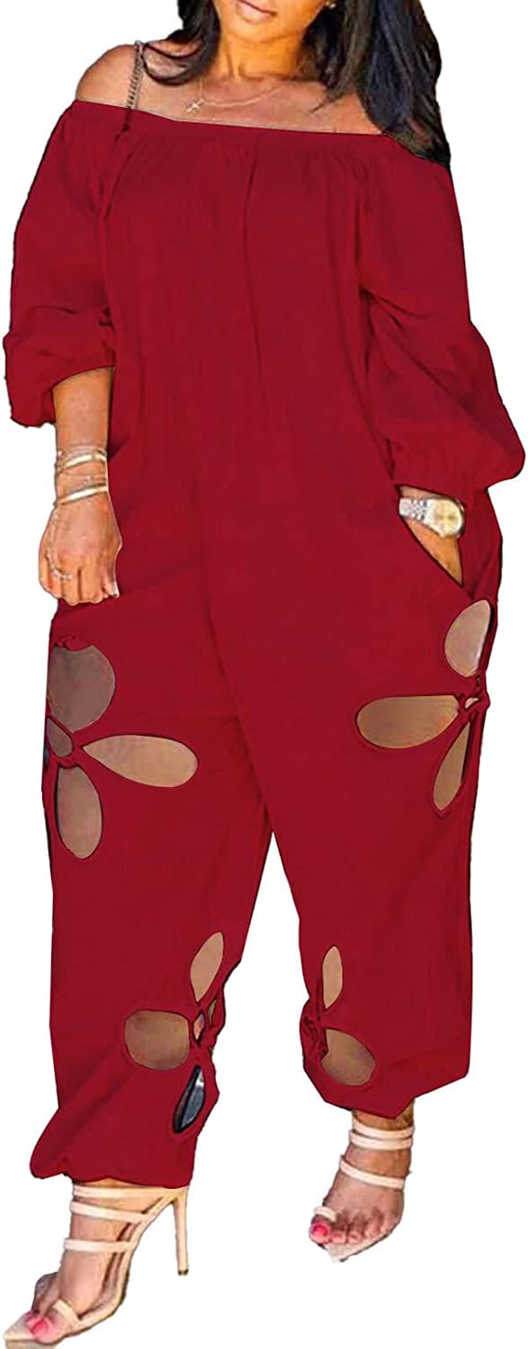 Thumbnail: MESLIMA Women's Casual Off Shoulder Loose Wide Leg Long Pants Jumpsuits Hollow 