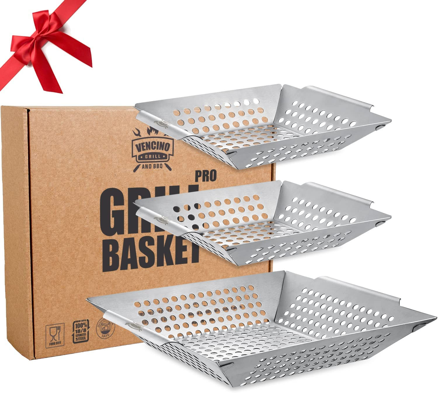 3 Pack Grill Baskets for Outdoor Grill, Heavy Duty Stainless Steel Vegetable Gr