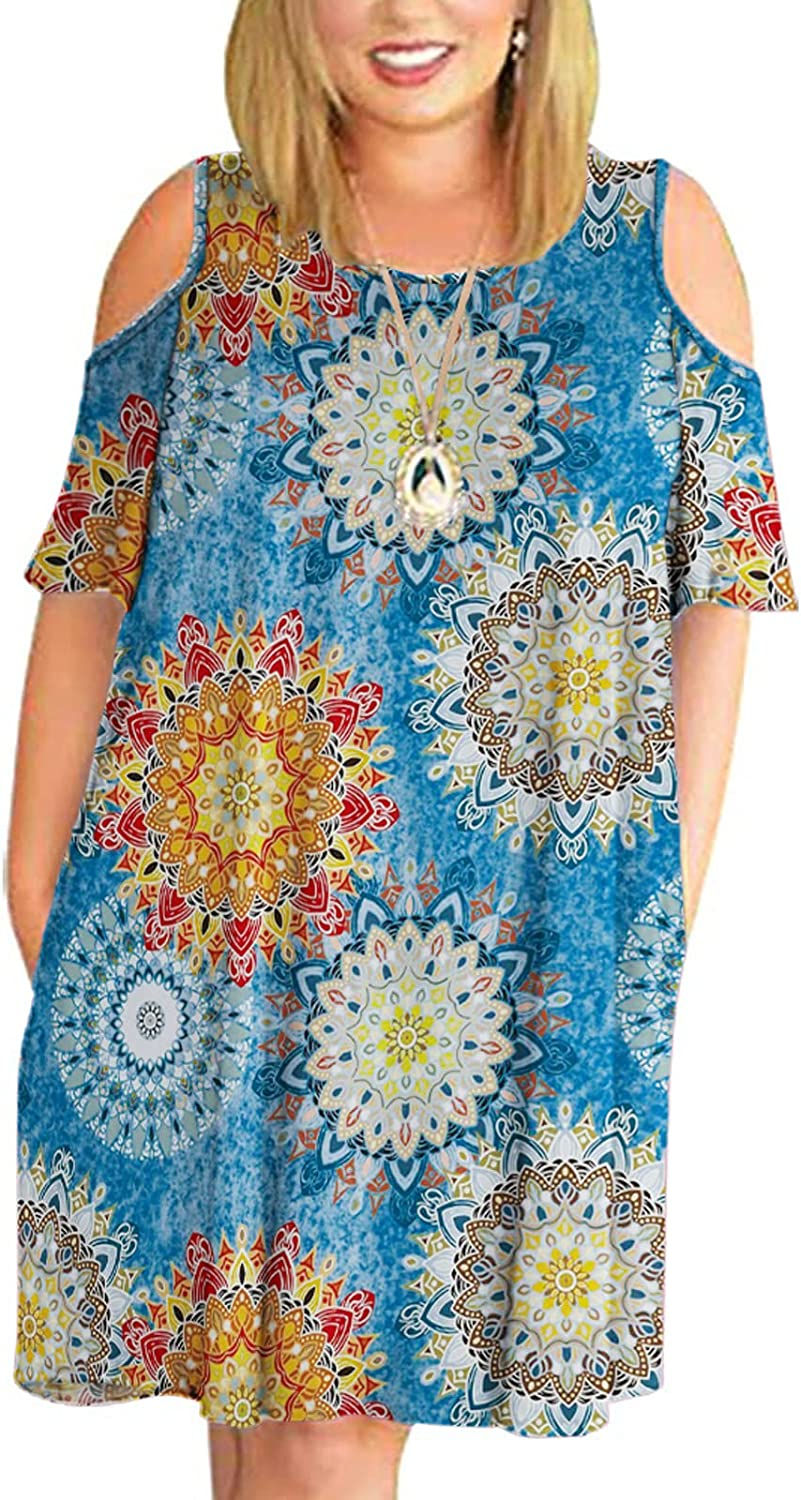 Thumbnail: Kancystore Women Plus Size Dresses Short Sleeve Cold Shoulder Casual T-Shirt Sw