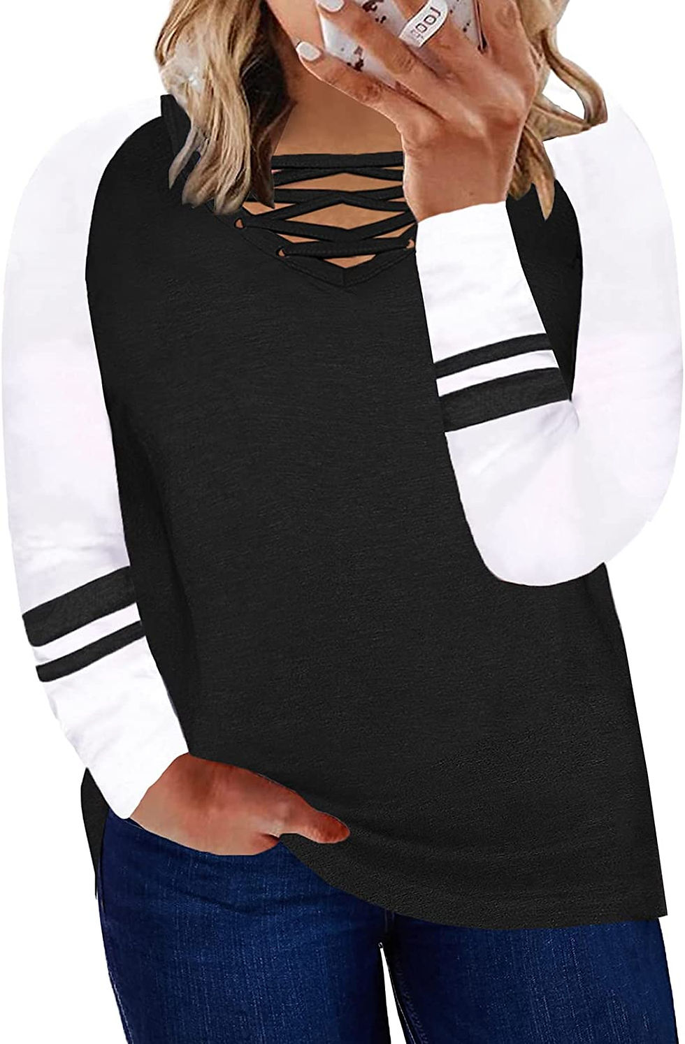 Thumbnail: Happy Sailed Womens Plus Size Casual V Neck Long Sleeve Shirts Striped Loose Tu