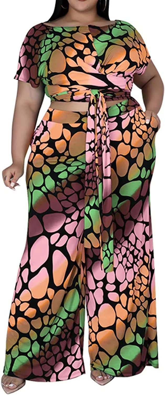 Thumbnail: Women's Plus Size 2 Piece Outfit Sexy Printed Belted Crop Top Wide Leg Pants Se