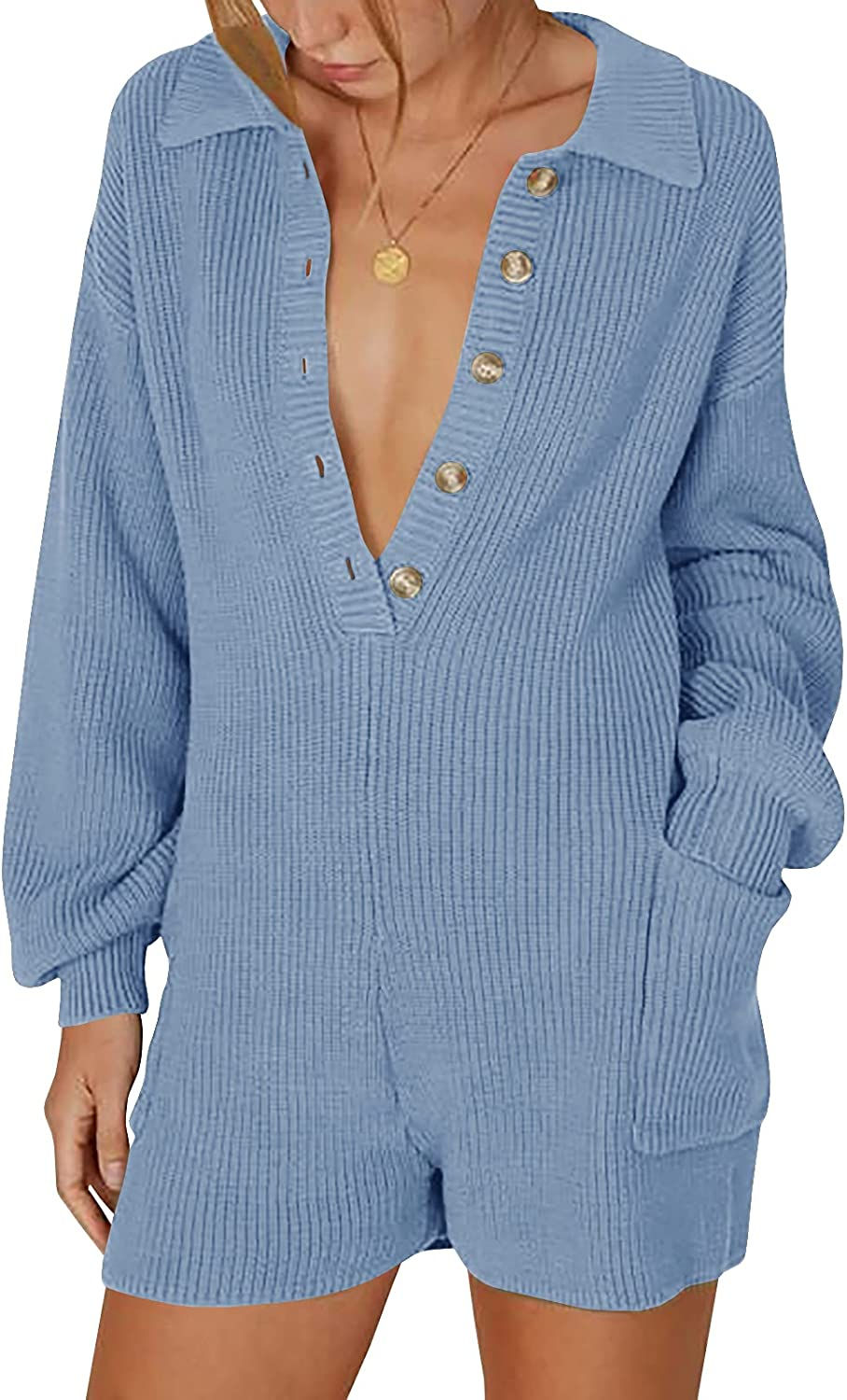 Thumbnail: Tymidy Women's Jumpsuit Long Sleeve Knit Sweater Rompers Sexy Deep V Neck Butto