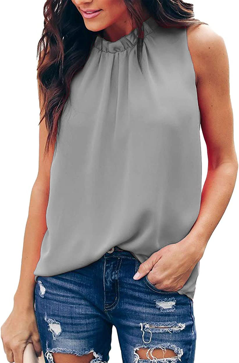 Thumbnail: Allimy Women Summer Ruffle Trim Neckline Tank Tops Double Lined Chiifon Blouses