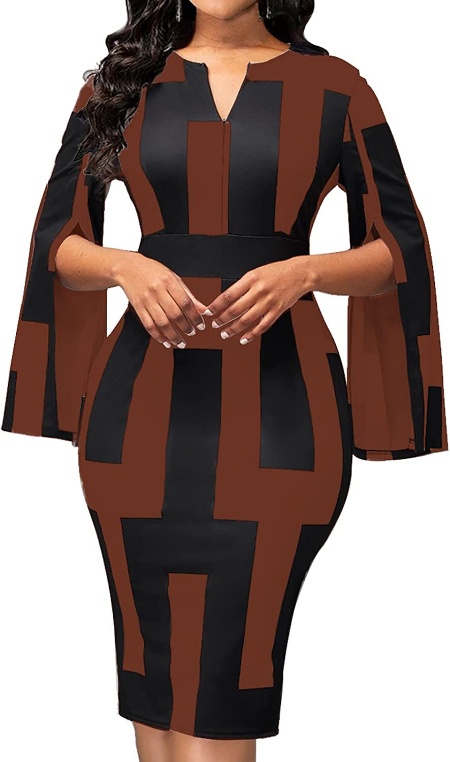 Thumbnail: Women Sexy V Neck Dresses Elegant Bodycon Long Sleeve Stretchy Pencil Business 