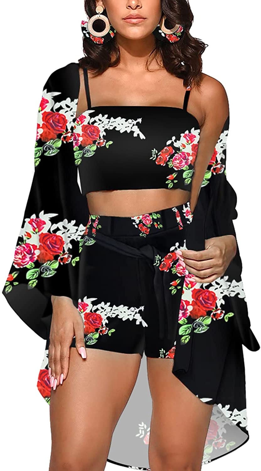 Thumbnail: Womens Hawaiian Outfits 3 Piece Swimsuit Summer Beach Cover Ups Floral Kimono C