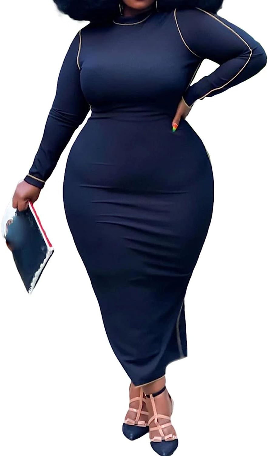 Thumbnail: IyMoo Women's Plus Size Crewneck Long Sleeve Bodycon Maxi Dress Casual Long Dre
