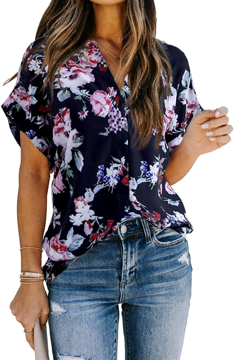 Thumbnail: Allimy Women Summer Casual Split V Neckline Chiffon Blouses Loose Tunic Short S