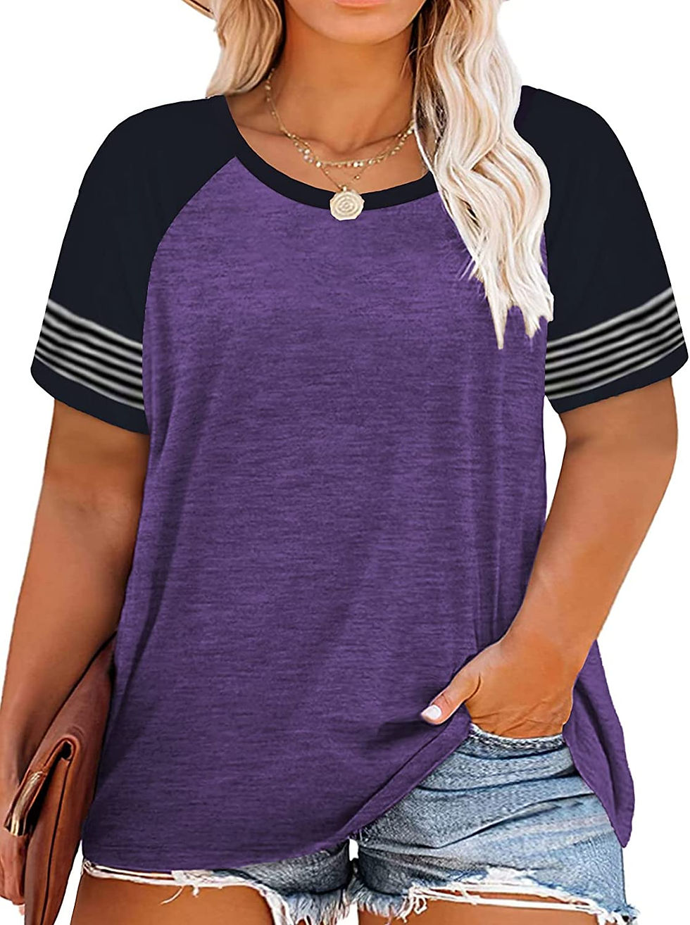 Thumbnail: ROSRISS Plus-Size Tops for Women Raglan Short/Long Sleeve Color Block Striped T