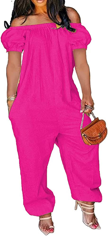 Thumbnail: MESLIMA Women's Loose Fit Elastic Off Shoulder Beam Foot Long Sleeve Jumpsuit R