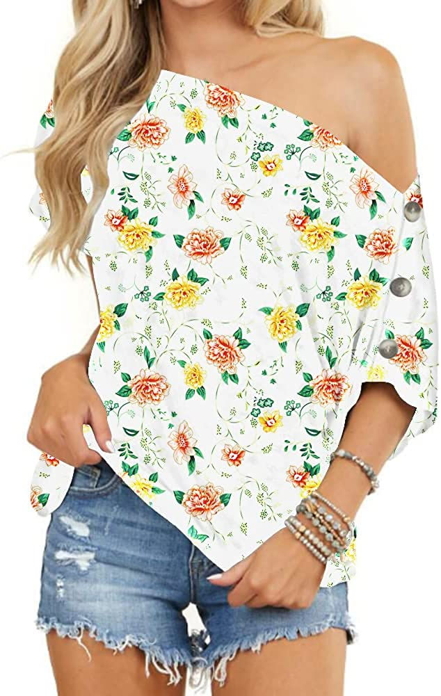 Thumbnail: INFITTY Womens Off Shoulder Tops Casual Summer Loose Button Down Short Sleeve S