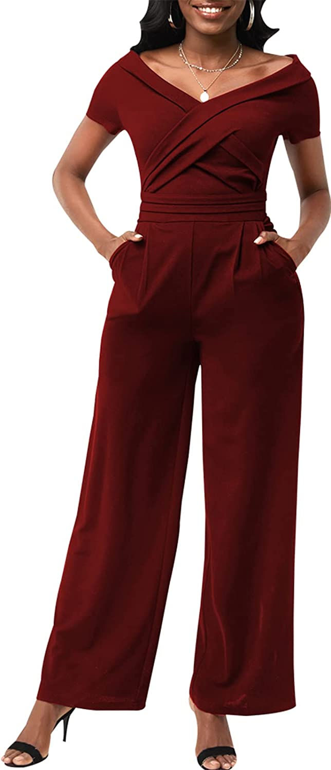 Thumbnail: Womens Long Sleeve Round Neck Jumpsuit for Work Wide Leg Pants Rompers