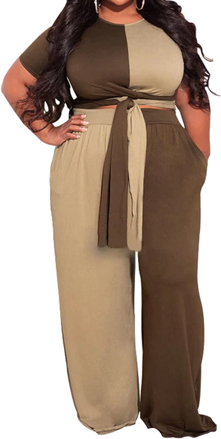 Thumbnail: Women's Plus Size 2 Piece Outfit Sexy Printed Belted Crop Top Wide Leg Pants Se