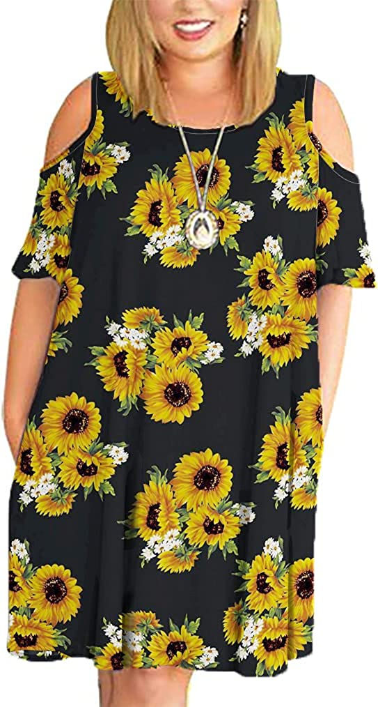 Thumbnail: Kancystore Women Plus Size Dresses Short Sleeve Cold Shoulder Casual T-Shirt Sw