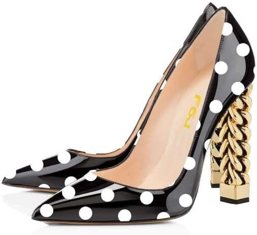 Thumbnail: FSJ Women Gold Metal Chain Chunky High Heel Pointed Toe Slip On Fashion Party P