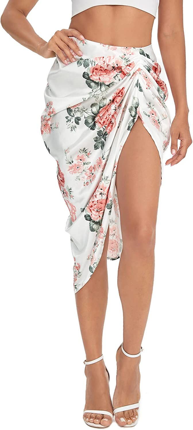 Thumbnail: Floerns Women's Boho Floral Print Split Thigh Satin Ruched Midi Skirt