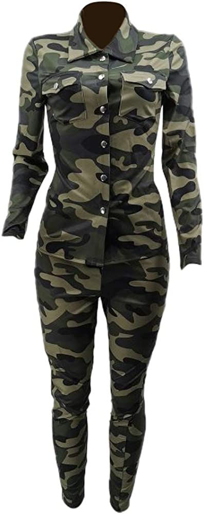 Thumbnail: LROSEY Women Camo Pattern and Faux Leather Stretch Jacket Shirt and Pants Outfit